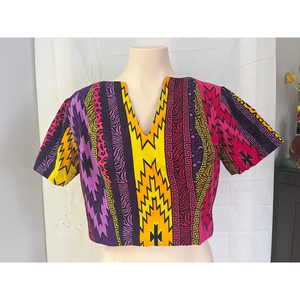 Vibrant Multi Pattern Tribal Animal Print V-Neck Crop Top Pink Purple Yellow